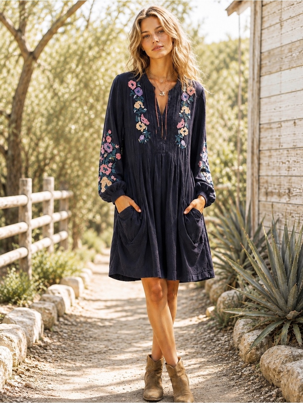 Free People Embroidered Boho Cottagecore Tunic Dress Womens S Black Festival